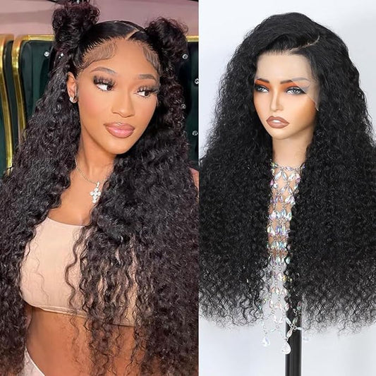 13x6 Deep Wave Lace Front Wigs Human Hair 24 Inch 200 Density HD Lace Frontal Glueless Wigs Human Hair Pre Plucked Deep Curly Wig with Baby Hair Natural Black