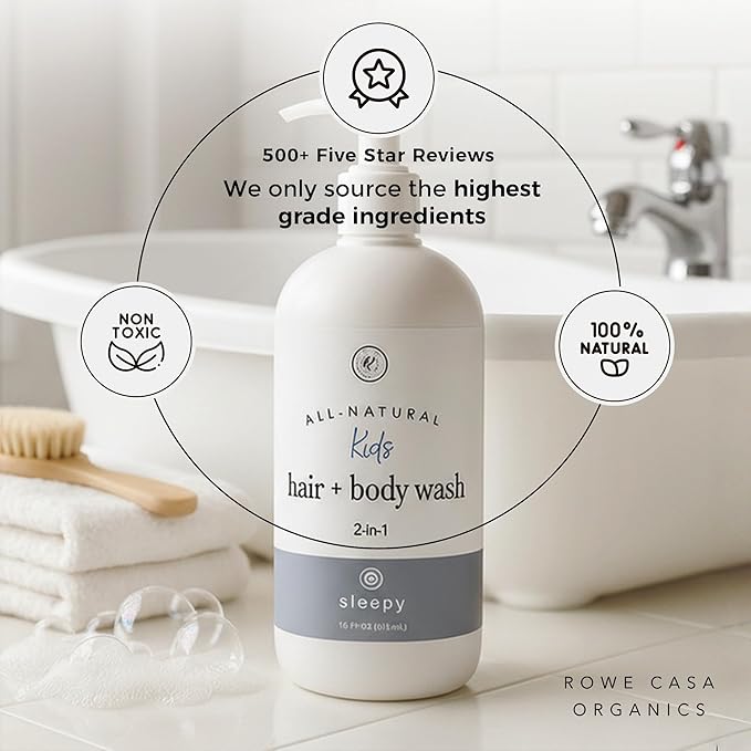 Rowe Casa Organics 2-in-1 Kids Hair & Body Wash with Therapeutic Essential Oils – Sleepy Kids Shampoo & Body Wash with Floral, Relaxing & Calming scent – 16 Fl. Oz