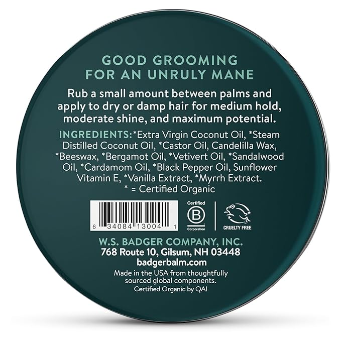 Badger Hair Pomade for Men, Organic, Easy to Use, Subtle Masculine Scent, Medium Hold Hair Pomade with Medium Shine Finish, Nourishes Hair & Scalp 2 oz Tin, 2-Pack