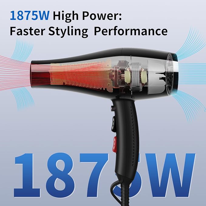 Professional 1875W Blow Dryer with Diffuser, Lightweight & Quiet Hair Dryer for Women and Men, Fast Drying with 3 Heat 2 Speed Settings, Travel Blow Dryer with Concentrator & Cold Shot (Black)
