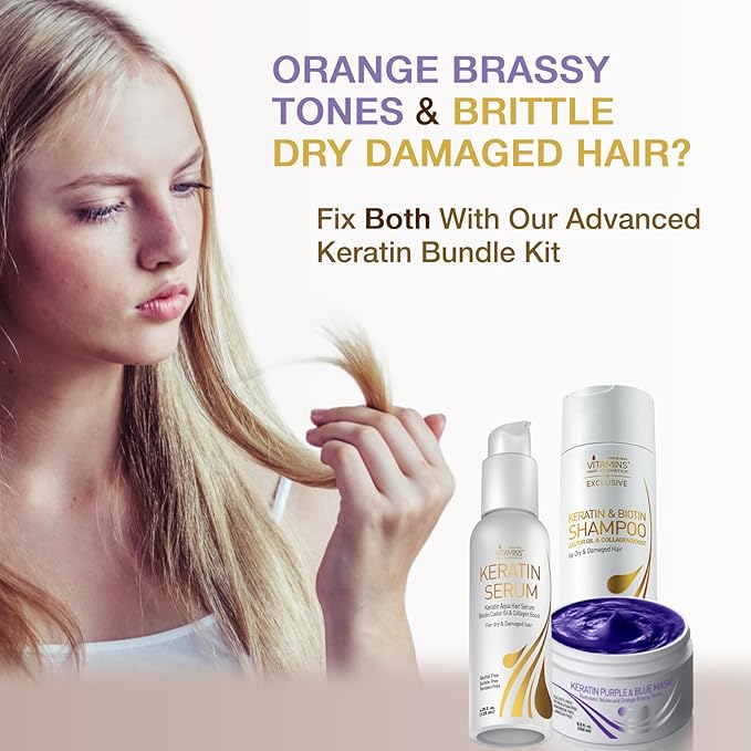 VITAMINS hair cosmetics Keratin Hair Serum, Purple Hair Mask & Shampoo Kit, Heat Protectant Anti-Frizz Serum, Anti-Brass Conditioner for Bleached Blonde Platinum Gray Damaged Hair & Nourishing Shampoo