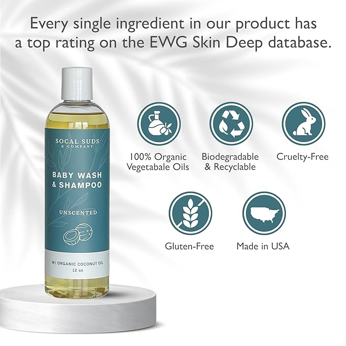 SoCal Suds & Company Organic Baby Shampoo and Body Wash - 2-in-1 Castile Soap, Hypoallergenic, Sensitive Skin, Natural Soap, Toddler Shampoo, Infant, Newborn, Kids Body Wash - 12oz Fragrance Free