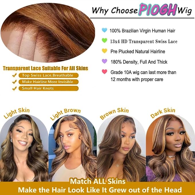 34 Inch Honey Blonde Ombre Lace Front Wig Human Hair Highlight Body Wave Lace Front Wigs Human Hair Pre Plucked 180 Density Glueless 13X4 HD Lace Frontal Wig for Women 4/27 Colored