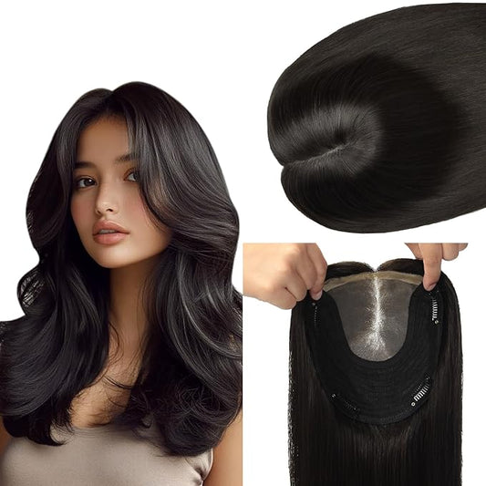 HAIR 16 Inch Hair Toppers for Women Real Human Hair Natural Black color 150 Density 6x7inch Silk Base 75 grams All Remy Human Hair Wiglets Hairpieces for Thinning Hair (#1B 16inch)