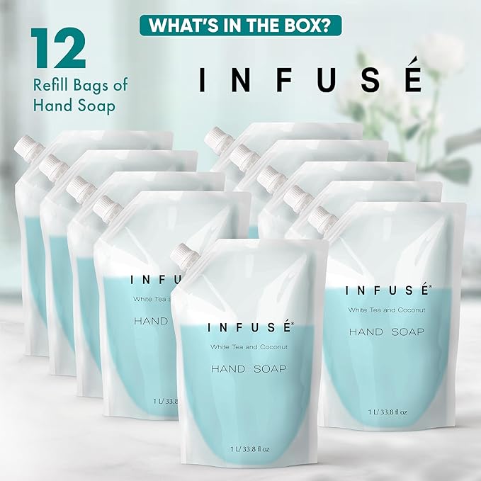 1 Liter Hand Wash Refill Bag For Soap Dispensers | Bulk Toiletries for Vacation Rentals, and Home Bathroom Showers | White Tea and Coconut | Set of 12