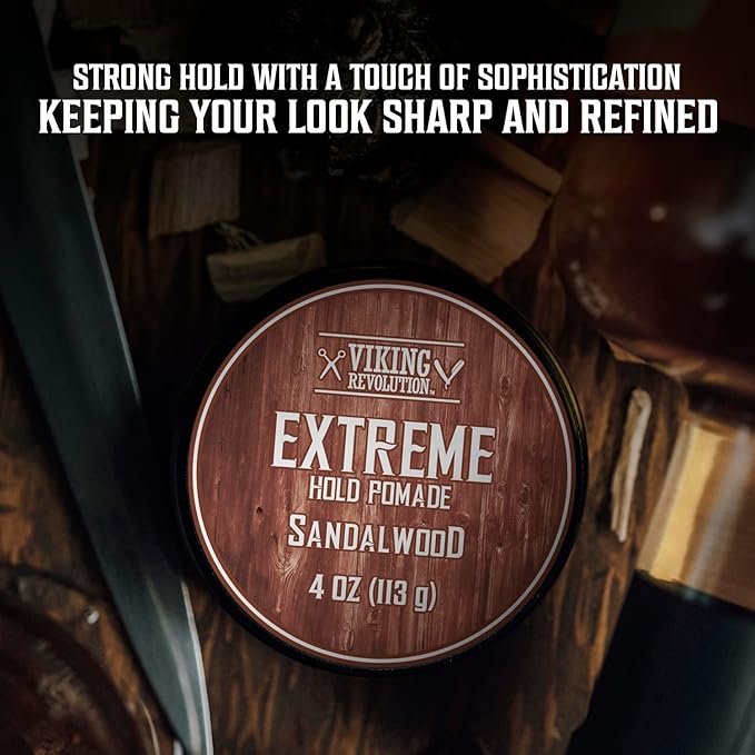 Viking Revolution Sandalwood Hair Pomade for Men - Extreme Hold Water-Based Hair Gel - Extra Firm Strong Hold With High Shine - Mens Pomade (4oz)