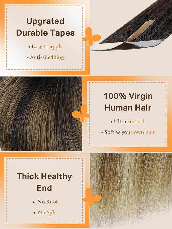 DOORES Tape in Hair Extensions Human Hair, Dark Brown to Dirty Blonde, 12 Inch, 20g, 10pcs, Straight, Remy, Tape-In Installation