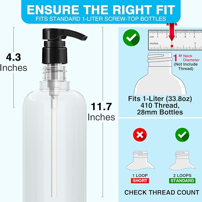 2-Pack Shampoo Pump for Liter 33.8 oz Shampoo and Conditioner, Pump Dispenser Fits Most Salon Brand Bottles with 1.1 inch Wide Opening, Black Replacement Pump for Hair Products, Body Wash, Lotion, Gel