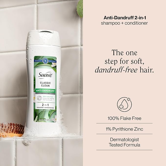 Suave Anti Dandruff 2 IN 1 Shampoo & Conditioner For Women, Classic Clean, 1% Pyrithione Zinc Dandruff Treatment, Controls Flakes, Itch & Dry Scalp, 6 Count, 12.6 FL OZ