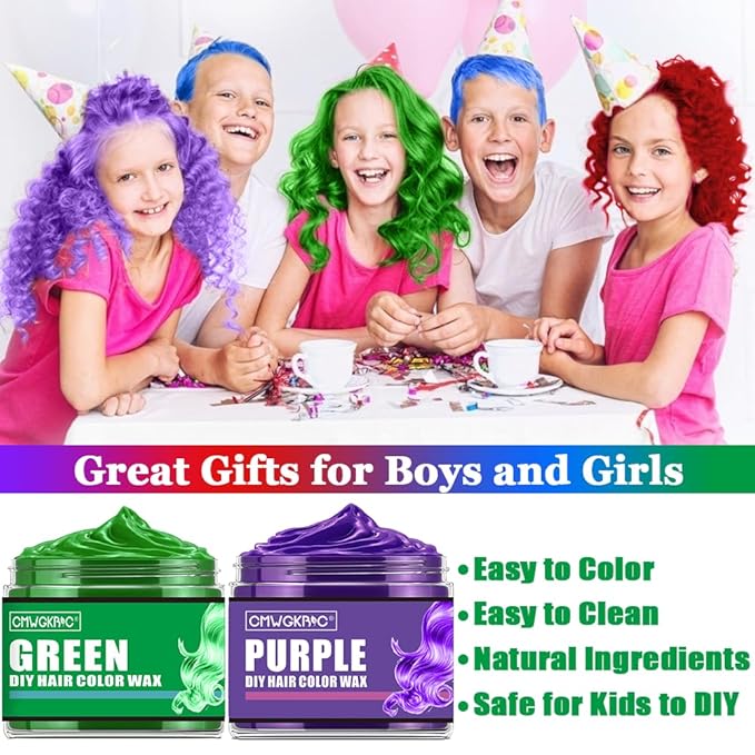 4 Colors Temporary Hair Color for Kids,Gifts for Teens,Girls,Boys,Gifts for Kids,Temporary Hair Dye,Hair Color Spray Green Red Blue Purple Hair Dye Hair Wax Color,Instant Color Wax Halloween Party