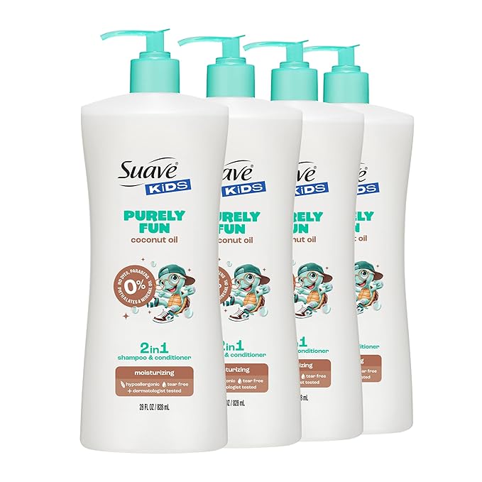 Suave Kids Purely Fun 2 in 1 Shampoo and Conditioner with Coconut Oil, Tear-Free, Hypoallergenic, Gentle Hair Care for Kids with Sensitive Scalps, 6 Count, 28 FL OZ