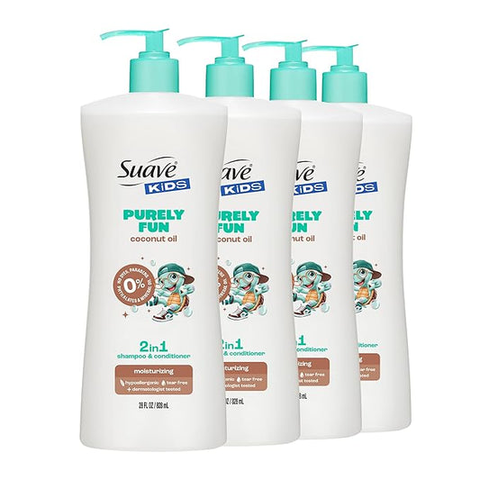 Suave Kids Purely Fun 2 in 1 Shampoo and Conditioner with Coconut Oil, Tear-Free, Hypoallergenic, Gentle Hair Care for Kids with Sensitive Scalps, 6 Count, 28 FL OZ