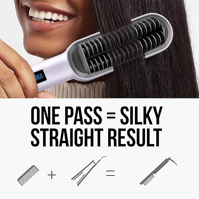 Hair Straightener Dual Brush Head - Straighten Frizzy Hair w Ease — Titanium Ionic Comb with 17 Temp Settings w LCD Display - Fast Heating, Salon-Quality Styling Tool for Women, Lavender-Royal