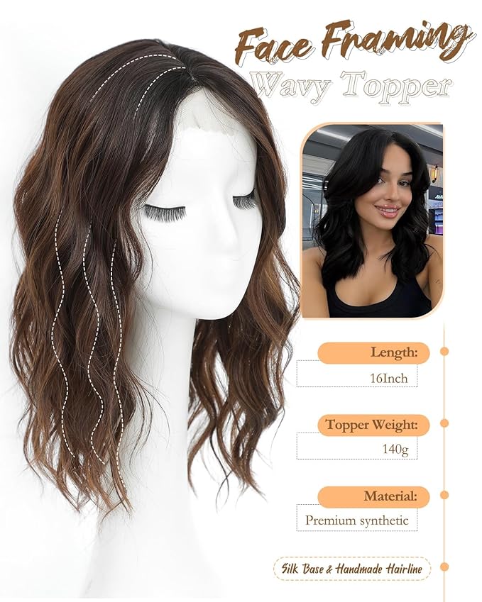 PANEWAY Hair Topper 16 Inch Synthetic Wavy Hair Piece for Women, Clip in Top Hair Extensions, Natural Black Root to Chocolate Brown Ombre Wiglet for Volume & Coverage