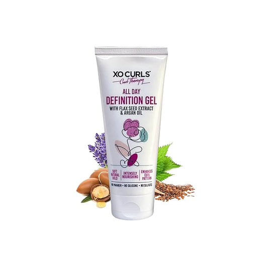 XO Curls All Day Definition Gel with Flax Seed and Argan Oil 3.4 Fl Oz | Unisex Curly Cream Hair Therapy for Frizz-Free, Soft Natural Curls
