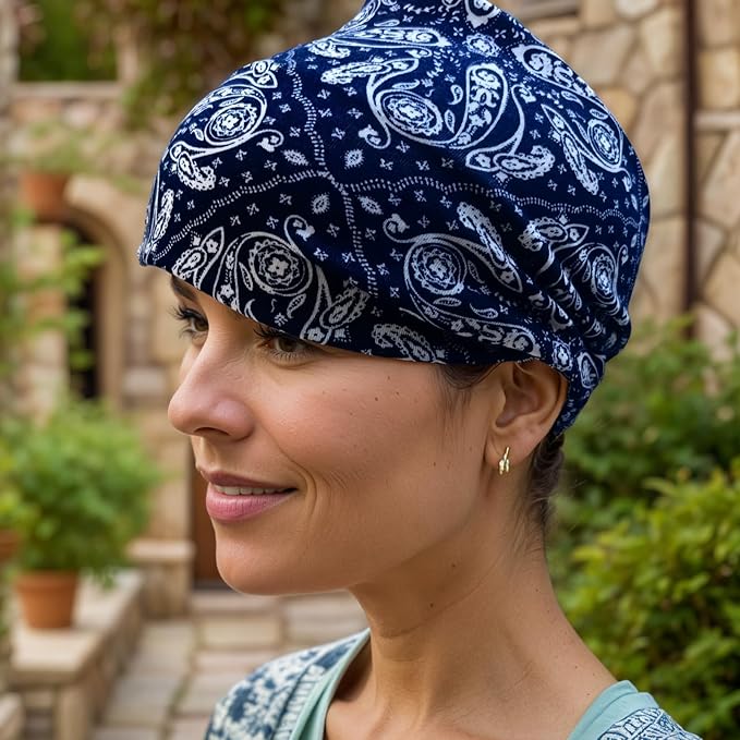 1 Pack Boho Headbands Stretch Paisley Print Bandana Headband Criss Cross Hair Bands Knotted Head Wrap Yoga Daily for Women and Girls (Navy Dark)