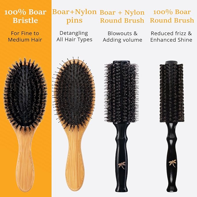Belula 100% Boar Bristle Hair Brush Set (Medium). Soft Natural Bristles for Thin and Fine Hair. Restore Shine And Texture. Wooden Comb, Travel Bag and Spa Headband Included!