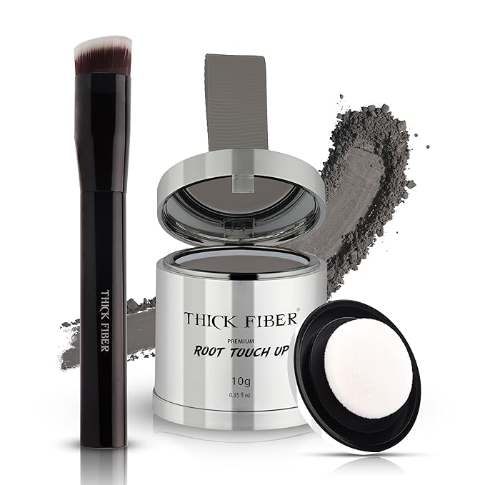 THICK FIBER Root Touch Up Powder with Brush – Covers Grey Roots, Thinning Hair & Bald Spots – Sweat & Water Resistant for Men & Women (Gray, 0.35 Ounce (Pack of 1))