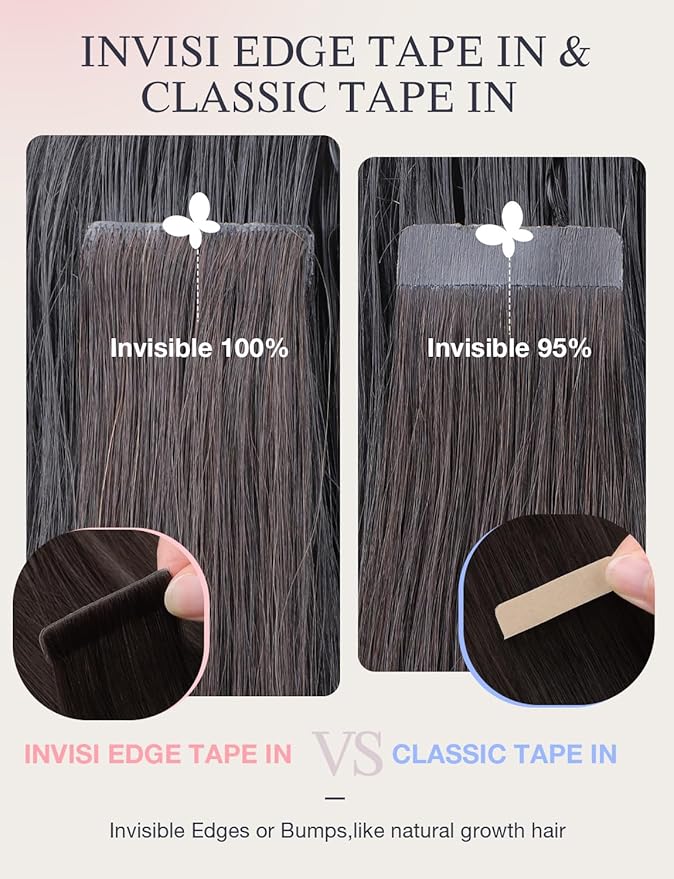 DOORES Seamless Tape in Human Hair Extensions Invisi Edge, Dark Brown 10 Injection Tape-ins with 10 Classic Tape-ins 50g 24 Inch, Virgin Human Hair Injection Tape in Extensions