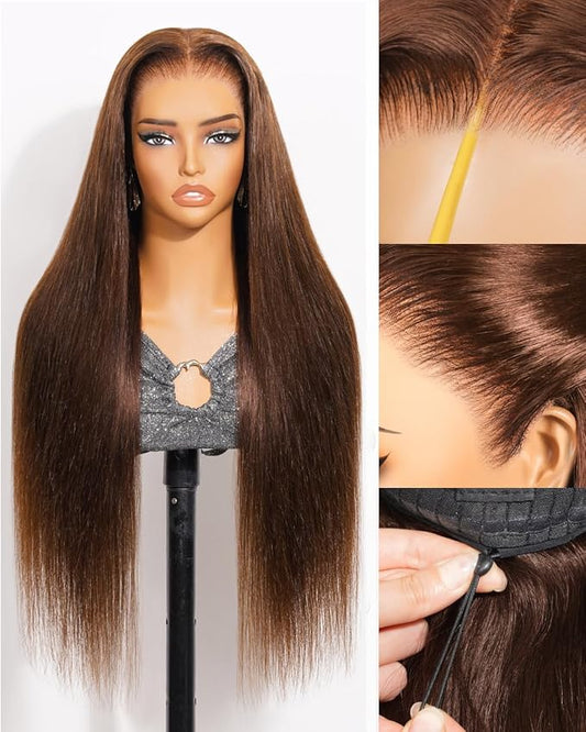 Arabella 13x6 Chocolate Brown Glueless Wigs Human Hair Pre Plucked Pre Cut 13x6 Ear to Ear Full HD Lace Front Wigs Human Hair 210% Density 4# Brown Straight Wig Drawstring Wig Human Hair 22 Inch