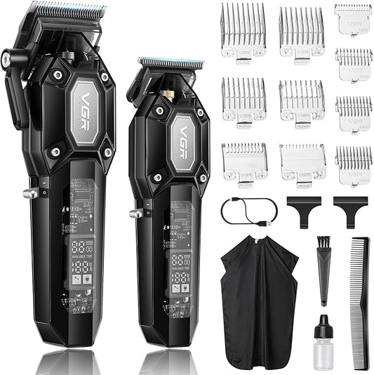 VGR Professional Hair Clippers for Men, Cordless Barber Clippers and Trimmers Set, Mens Hair Cutting Kit with 10 Guide Combs, USB Rechargeable Haircut Machine for Family, LED Display, Black
