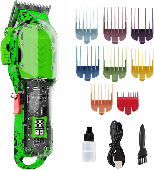 Professional Hair Clippers for Men, Cordless Barber kit for Hair Cutting & Grooming, Green Hair Clippers Set for Barber Haircut with LED Display 8 Fade Taper Combs
