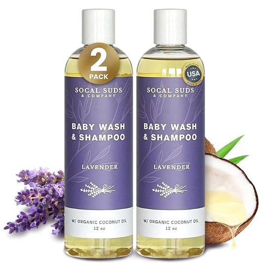 SoCal Suds & Company Organic Baby Shampoo and Body Wash - 2-in-1 Castile Soap, Hypoallergenic, Sensitive Skin, Natural Soap, Toddler Shampoo, Infant, Newborn, Kids Body Wash - 12oz Lavender 2Pk