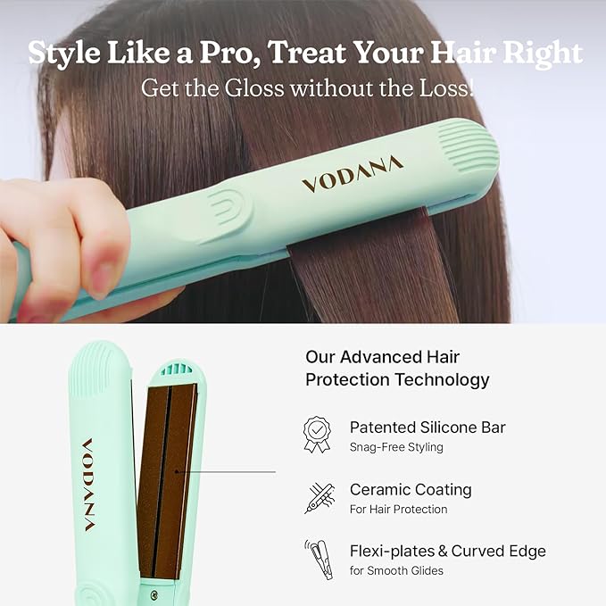 VODANA Professional Softbar Flat Iron - Ceramic Straightener with Patented Silicone Bar, Smooth & Quick Styling, Healthy Hair Solution, Dual Voltage for Worldwide Use (1 inch, MintColor)