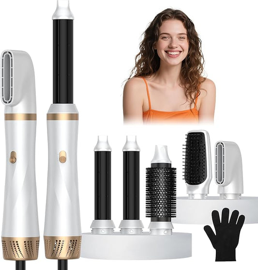 5 in 1 Blow Dryer Brush,110-120V Hair Dryer Brush, Fast Drying & 3 Adjustable Temperatures Hot-Air Hair Brushes, Detachable Hot Air Styler Set for Curling/Volumizing/Straightening/Styling (White Gold)