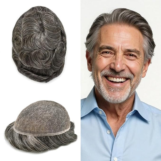 Toupee For Men Real Human Hair System Full Swiss Lace Mens Toupee Lace Hair Piece For Men Hair System Bleached Knots 7x9 120% Medium light density #240 2# DARKEST BROWN+40% GREY