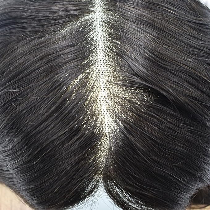 Mens Toupee Human Hair System for Men Durable Fine Mono Lace Men Replacement PU Poly Skin Around Light to Medium Density Wig Hairpiece (6"X8", 1B30 Off Black with 30% gray hair)