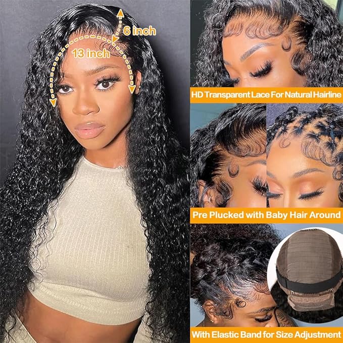 34Inch Deep Wave Lace Front Wigs Human Hair 13x6 Lace Front Wigs Human Hair Pre Plucked 200% Density for Women Deep Curly Glueless Wigs Human Hair Pre Plucked with Baby Hair 34Inch