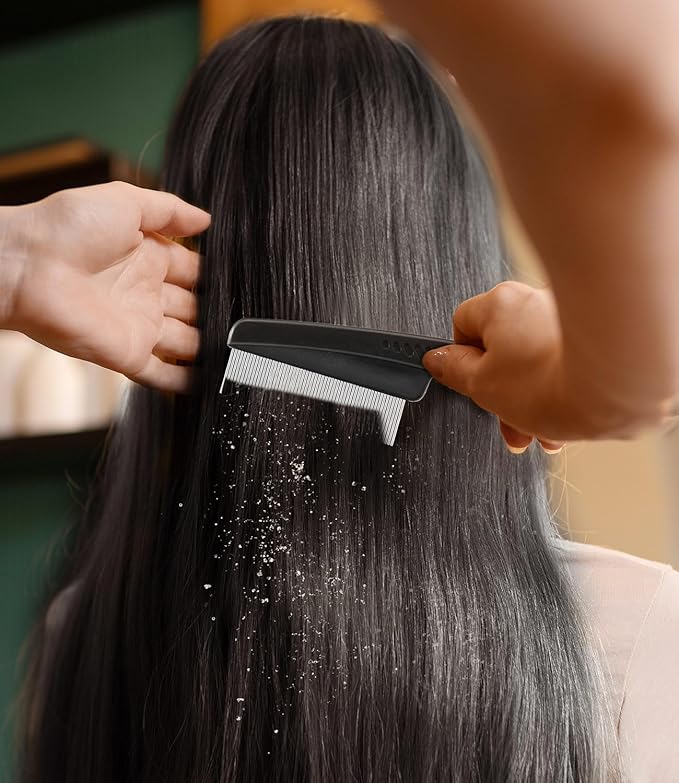 Dandruff Comb Fine Tooth Scalp Detox Comb Lice for Women, Men & Kids Stainless Steel Scalp Detoxing, Sweep & Massage Hair Brush Tool for Hair Care (Black 1PC)