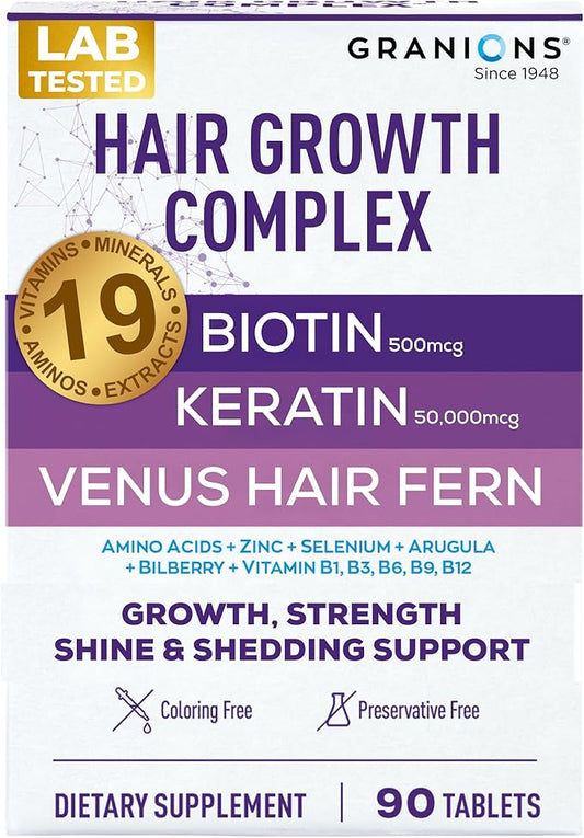 Granions Hair Growth Supplements - Biotin, Keratin & Amino Acids, Zinc & Selenium Pills for Women and Men - B-Vitamins Complex Hair Vitamins for Strength, Shine & Less Shedding - 90 Tablets