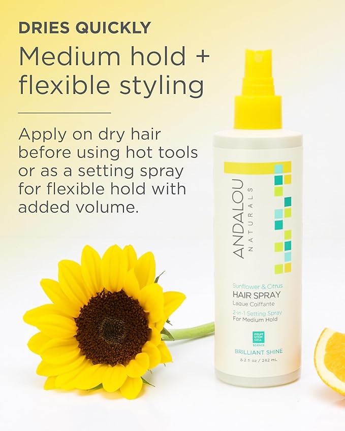 Andalou Naturals Sunflower & Citrus Brilliant Shine Hair Spray | Styling for Shine & Medium Hold | Aloe Vera for Frizz Control | Natural & Cruelty Free | 8.2 fl oz