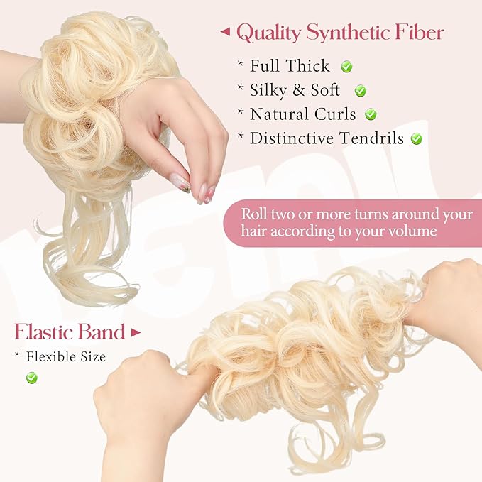 2PCS Messy Bun Hair Piece Tousled Updo with Tendrils Wavy Curly Hair Bun Scrunchies Ponytail Extension Elastic Band Hairpieces For Women (Bleach Blonde)