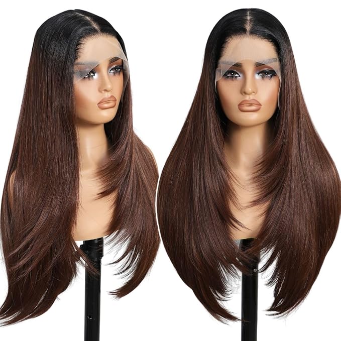 13x4 Synthetic Lace Front Wigs Pre Plucked Auburn with Black Root 26 Inch Long Layered Straight Wigs For Women 100% Futura Premium Fiber Ready to Wear Wig With Bangs Daily Party Use