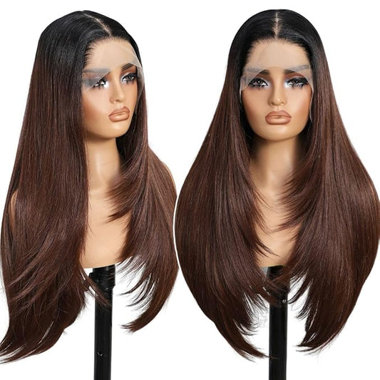 13x4 Synthetic Lace Front Wigs Pre Plucked Auburn with Black Root 26 Inch Long Layered Straight Wigs For Women 100% Futura Premium Fiber Ready to Wear Wig With Bangs Daily Party Use
