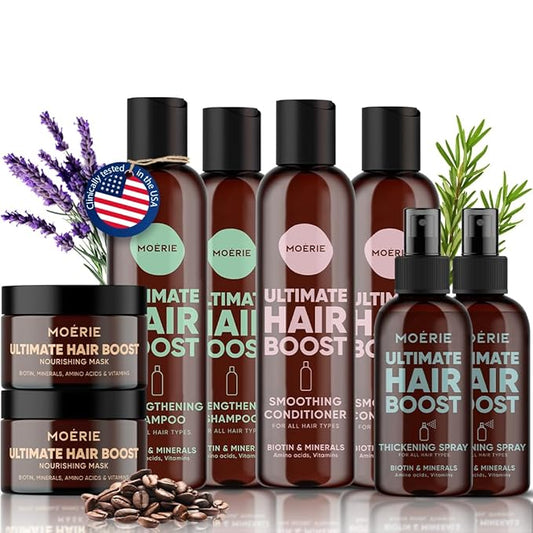 Moerie Shampoo and Conditioner Plus Hair Mask and Hair Spray Mega Pack – The Ultimate Hair Care Set – For Longer, Thicker, Fuller Hair - Volumizing Hair Products – Paraben & Silicone Free - 8 items