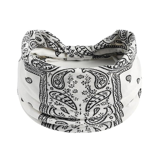 1 Pack Boho Headbands Stretch Paisley Print Bandana Headband Criss Cross Hair Bands Knotted Head Wrap Yoga Daily for Women and Girls (White)