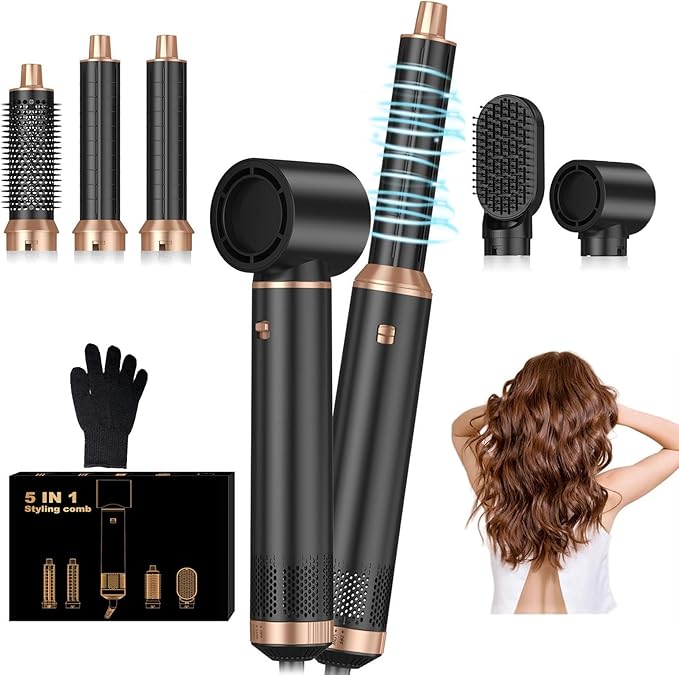 5 in 1 Hair Dryer Brush Set, Air Curler Wrap Hair Styler Blow Dryer Brush with 3 Temps, Upgrade Negative Ion Hot Air Brush Curling Brush Iron, Hair Styling Tools for Dry Curl Straighten