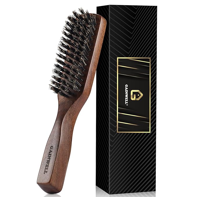 Mens Wild Boar Bristle Hair Brush for Men - Slick Back Hair Brush - Stiff Bristles for Thick Hair, Natural Black Walnut Wooden Handle Hairbrush, Beard Mustache Brush Comb by GAINWELL