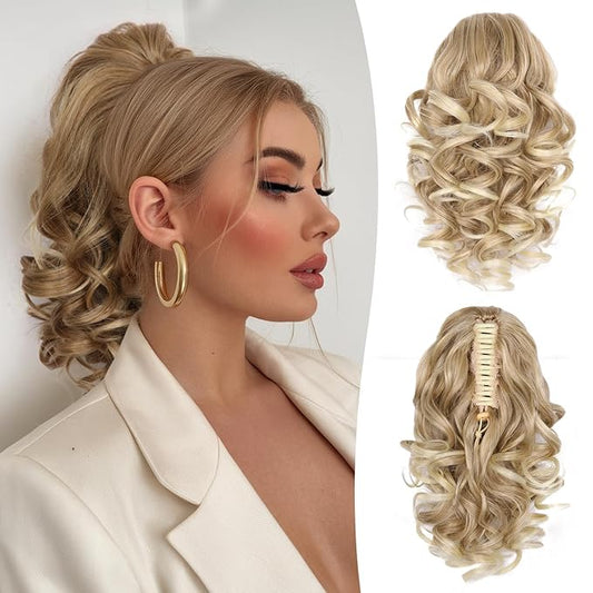 12 Inch Ponytail Extension - Soft Wavy Pony Tails Hair Extensions, Claw Clip Ponytail Extension, Synthetic Hair Extensions Ponytail, Clip in Ponytail (Color: Medium Blonde With Bleach Blonde Ends)