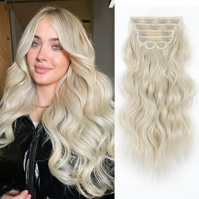 Vigorous Clip in Hair Extensions 20Inch Hair Extensions Clip Ins 6Pcs Long Wavy Soft Synthetic Hairpieces for Women(Platium Blonde)