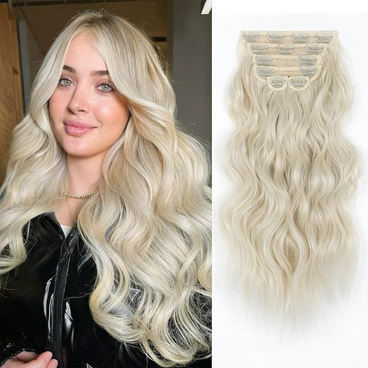 Vigorous Clip in Hair Extensions 20Inch Hair Extensions Clip Ins 6Pcs Long Wavy Soft Synthetic Hairpieces for Women(Platium Blonde)