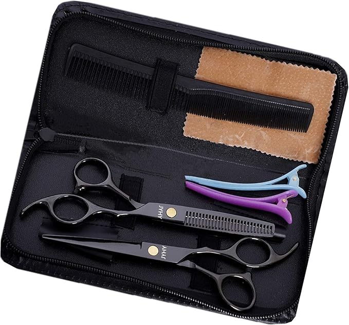 Professional Hair Cutting Scissors Shears Barber Thinning Set Kit- Family Hair Cutting,Barber Hair Cutting Tool Thinning texturizing (Black 6")