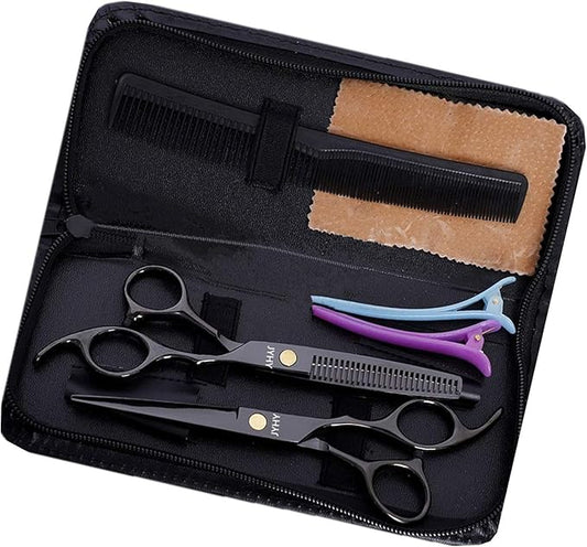 Professional Hair Cutting Scissors Shears Barber Thinning Set Kit- Family Hair Cutting,Barber Hair Cutting Tool Thinning texturizing (Black 6")