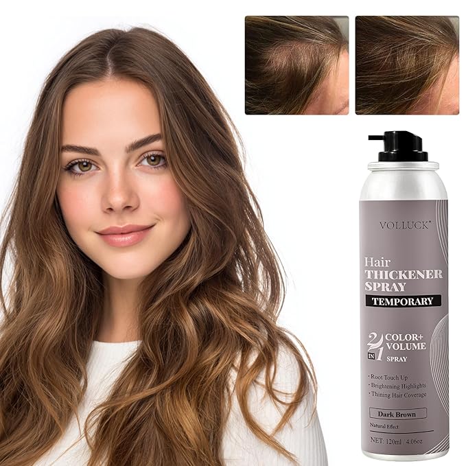 VOLLUCK Hair Thickening Fibers Spray, Temporary Colored Hair Thickener for Root Touch Up Spray, Grey Coverage Root Concealer for Women & Men, | Volumizing & Thickening | Light Brown