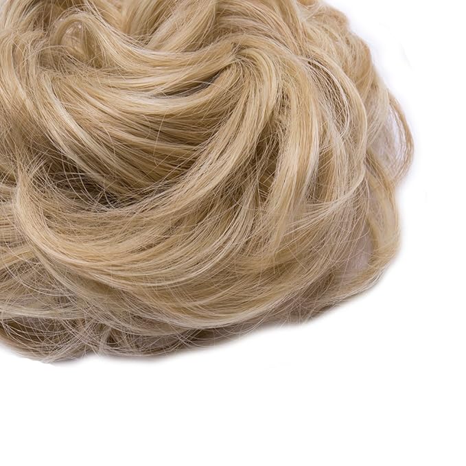 Benehair Hair Bun Hairpiece Scrunchy Updo Hair Pieces Fluffy Scrunchies Donut Hairpiece Synthetic Curly Wavy Messy Chignons With Elastic Rubber Band Dark Blonde & Bleach Blonde-Thicker 1pc 35g