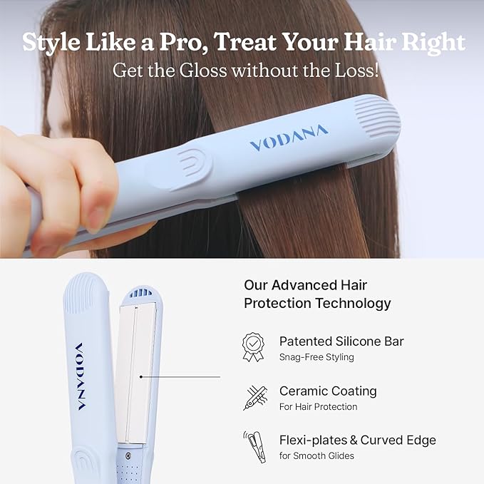 VODANA Professional Softbar Flat Iron - Ceramic Straightener with Patented Silicone Bar, Smooth & Quick Styling, Healthy Hair Solution, Dual Voltage for Worldwide Use (1 inch, Creamy Blue)